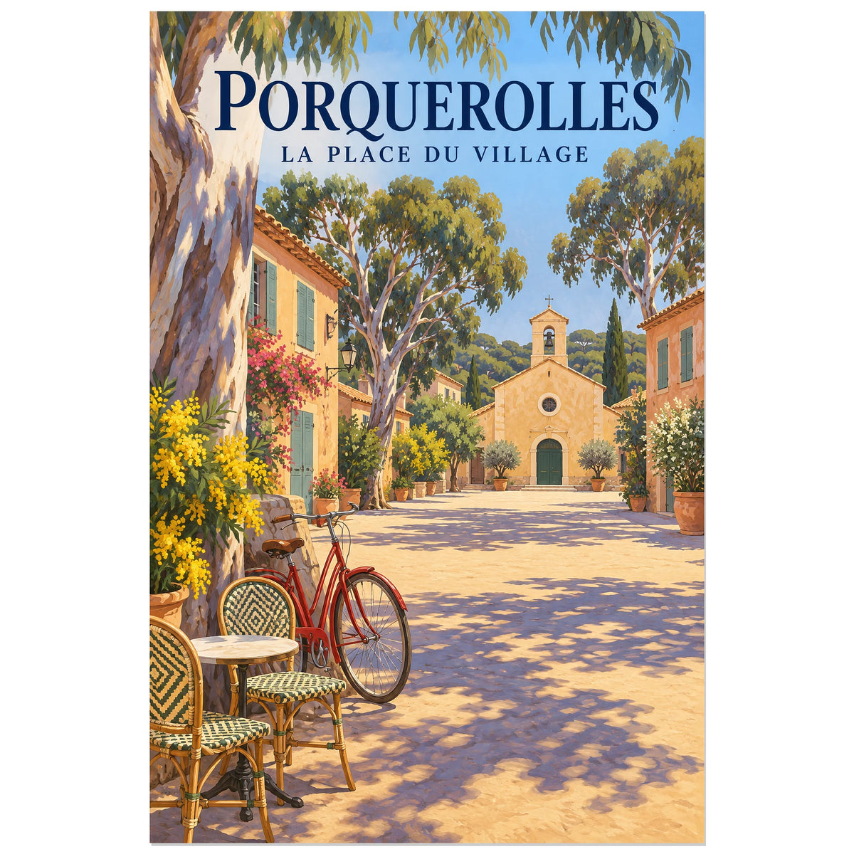 Affiche Porquerolles - La place du village, illustration peinte / affiche de voyage rétro verticale, format 60 × 90 cm