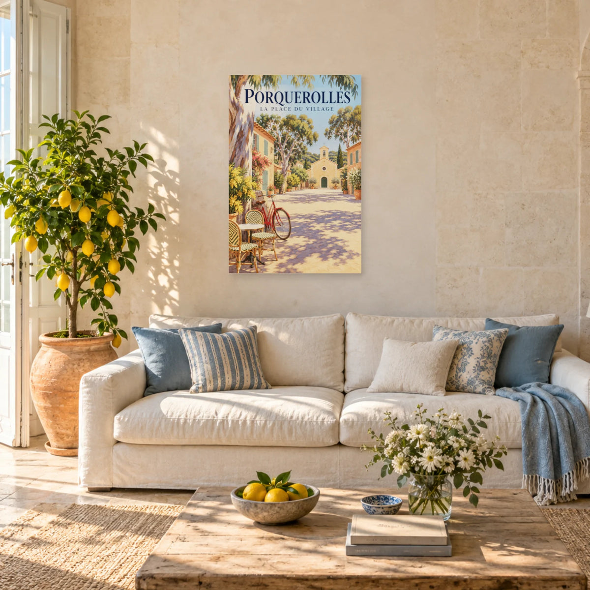 Affiche Porquerolles - La place du village dans un salon - Art Virtuoso