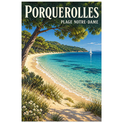 Affiche Porquerolles - Plage Notre-Dame, illustration peinte / affiche de voyage rétro verticale, format 30 × 45 cm