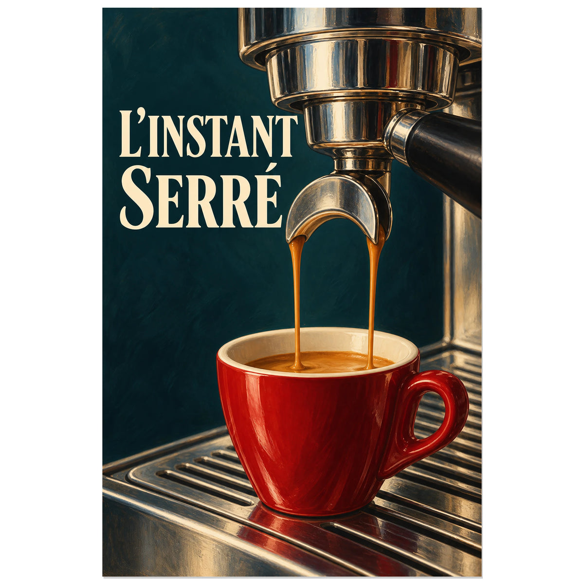 Porte-filtre et tasse rouge sous le titre L'instant serré, affiche 30 × 45 cm