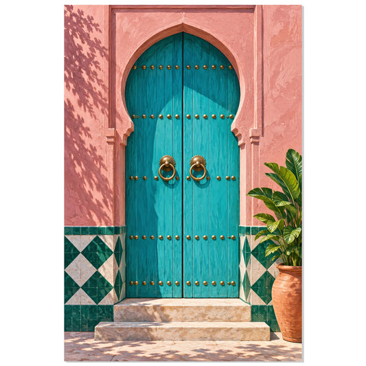 Affiche Porte Marocaine – Turquoise et Zellige, illustration architecturale / rendu peint / création numérique verticale, format 30 × 45 cm