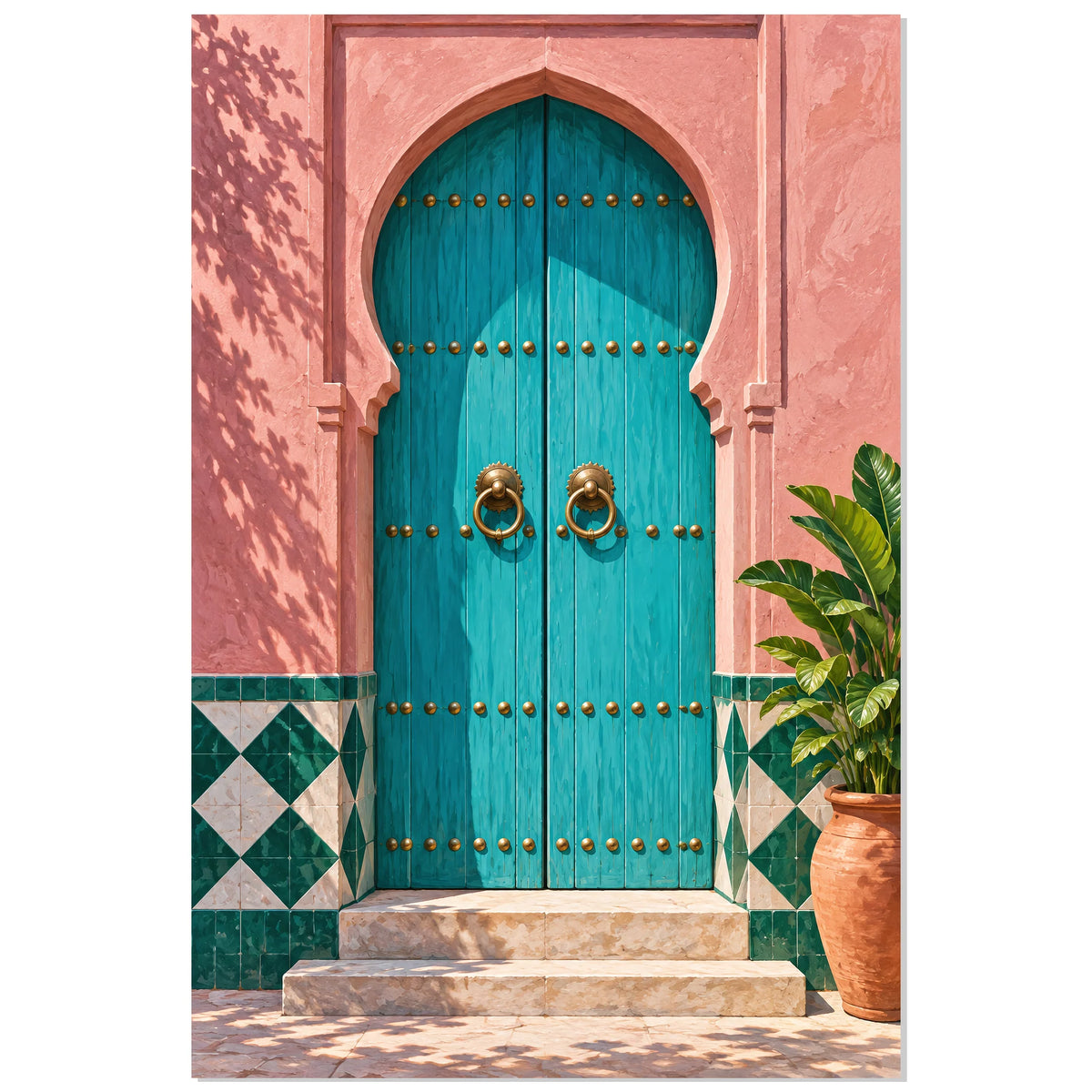 Affiche Porte Marocaine – Turquoise et Zellige, illustration architecturale / rendu peint / création numérique verticale, format 60 × 90 cm