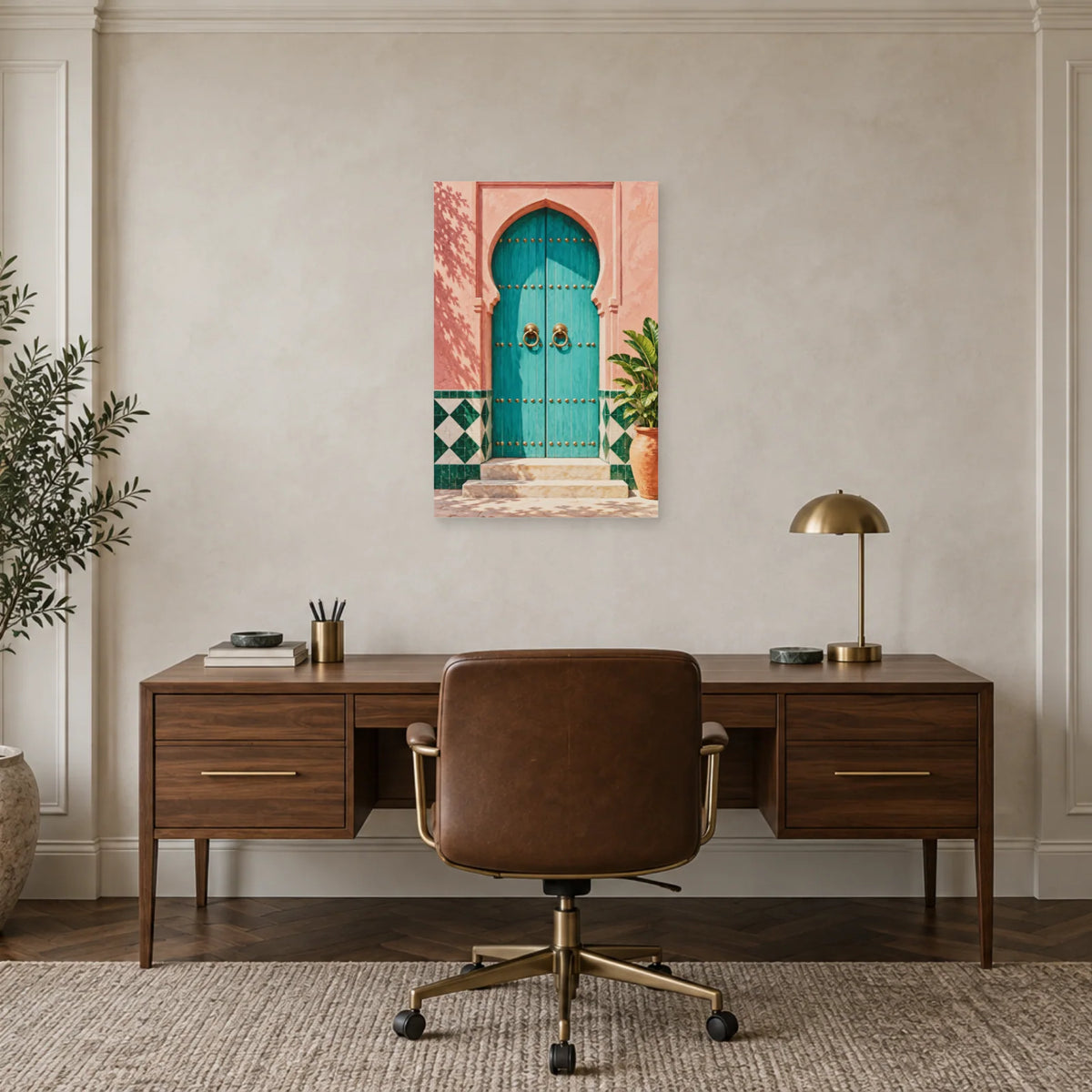 Affiche porte marocaine turquoise et zellige dans un bureau - Art Virtuoso
