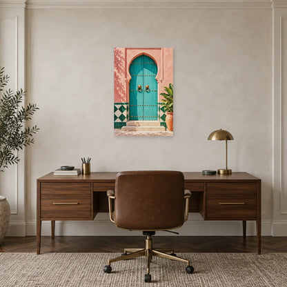 Affiche porte marocaine turquoise et zellige dans un bureau - Art Virtuoso