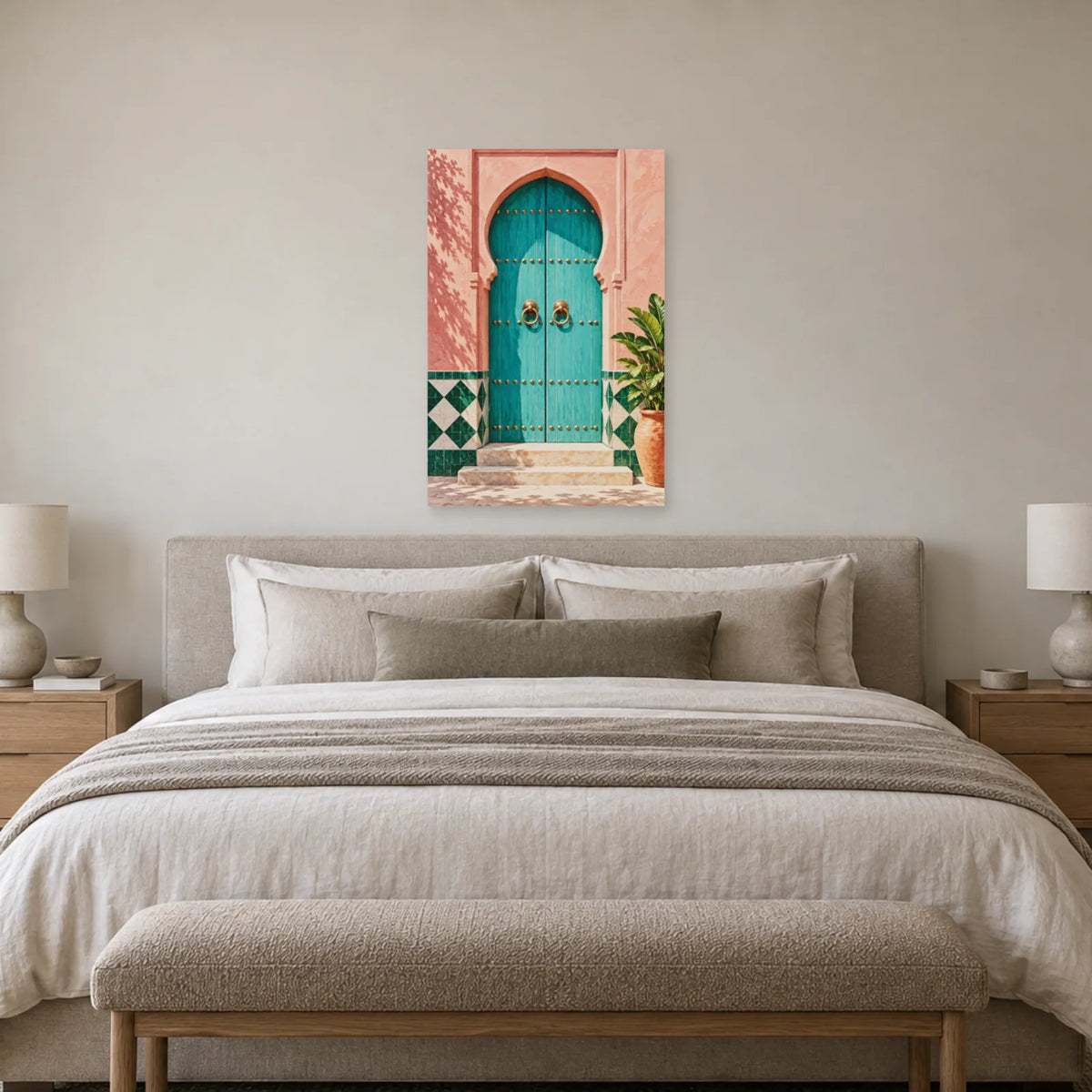 Affiche porte marocaine turquoise et zellige dans une chambre - Art Virtuoso