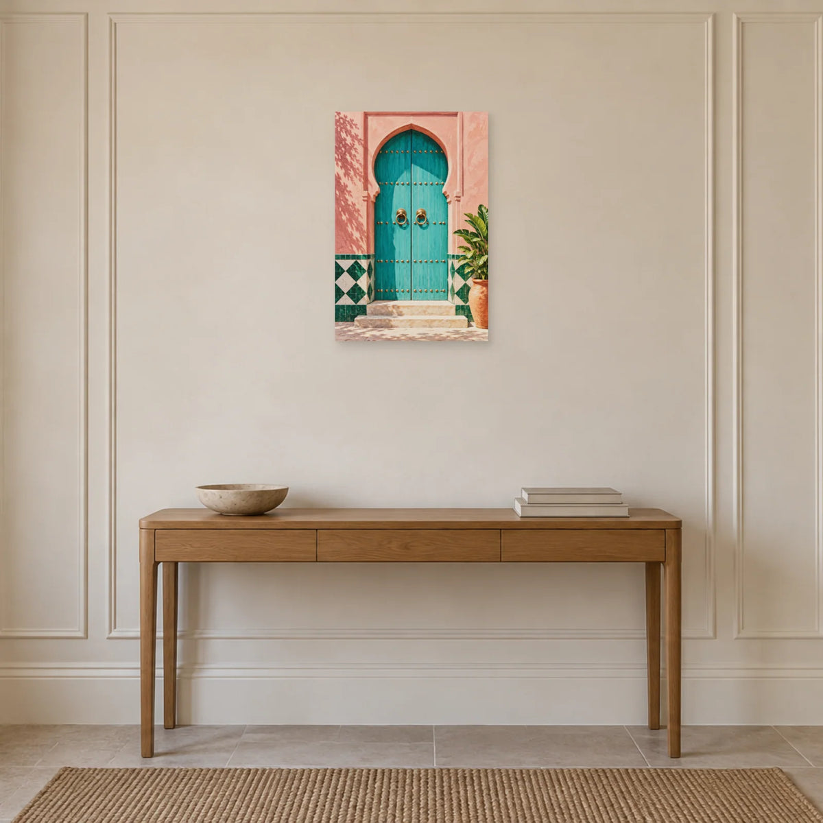 Affiche porte marocaine turquoise et zellige dans une entrée ou un couloir - Art Virtuoso