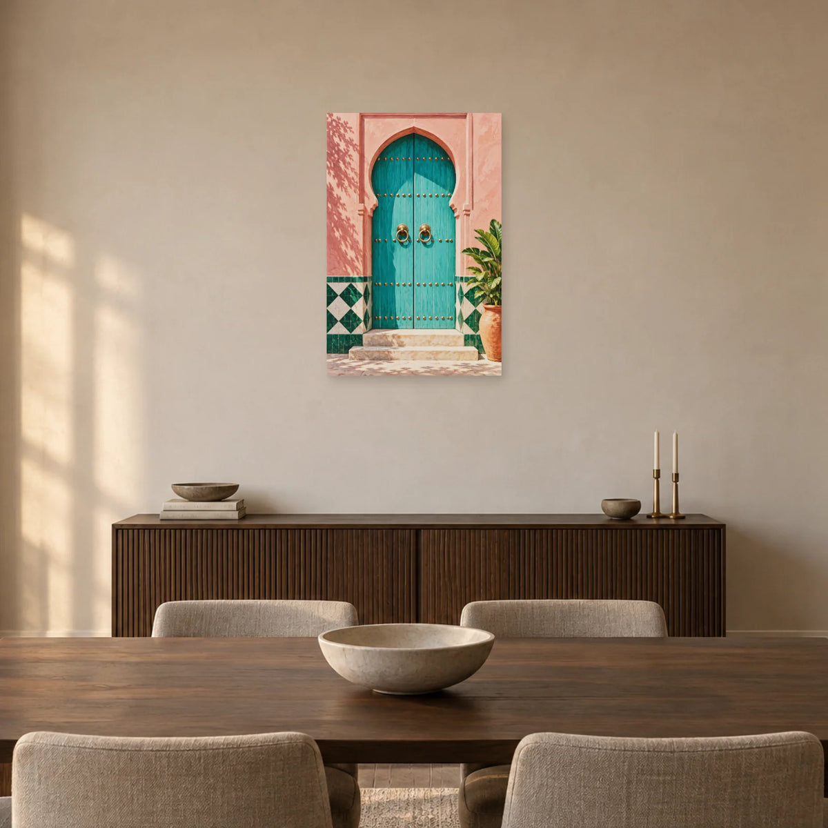 Affiche porte marocaine turquoise et zellige dans une salle à manger - Art Virtuoso