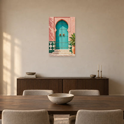 Affiche porte marocaine turquoise et zellige dans une salle à manger - Art Virtuoso