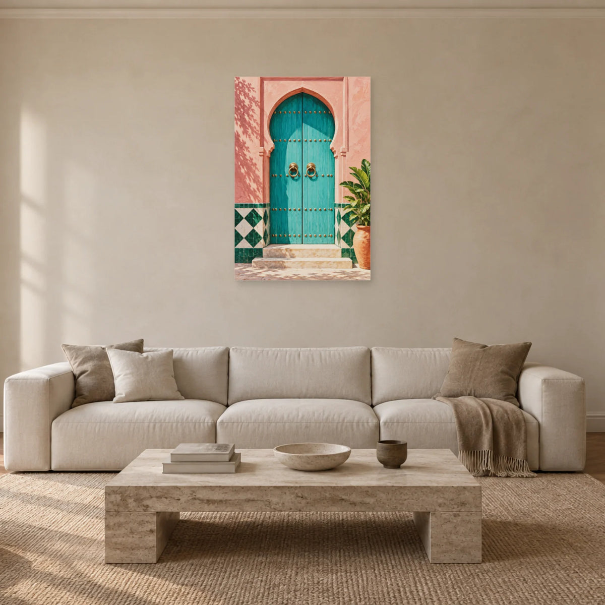 Affiche porte marocaine turquoise et zellige dans un salon - Art Virtuoso