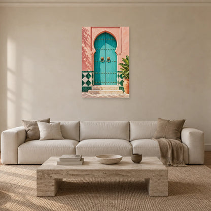 Affiche porte marocaine turquoise et zellige dans un salon - Art Virtuoso
