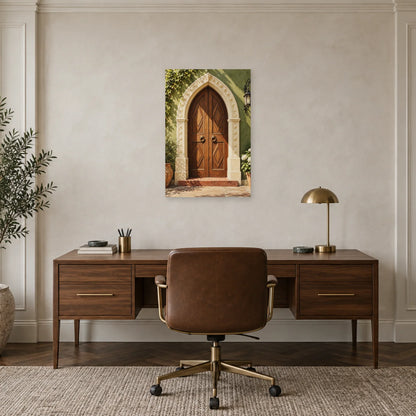 Affiche porte orientale en bois sculpté dans un bureau - Art Virtuoso