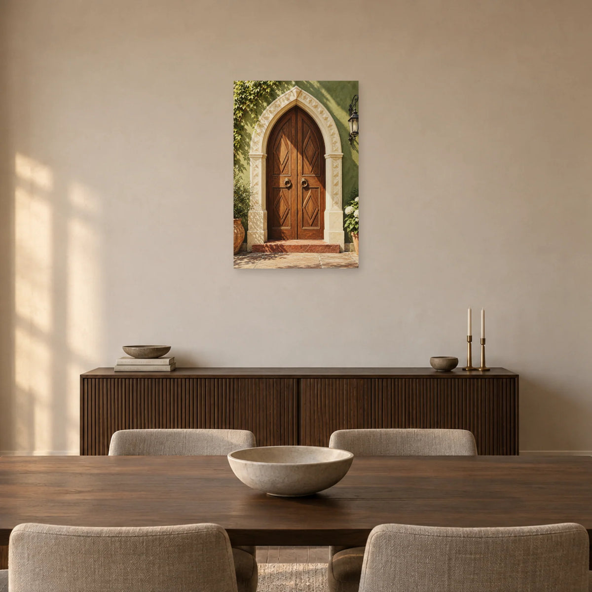 Affiche porte orientale en bois sculpté dans une salle à manger - Art Virtuoso