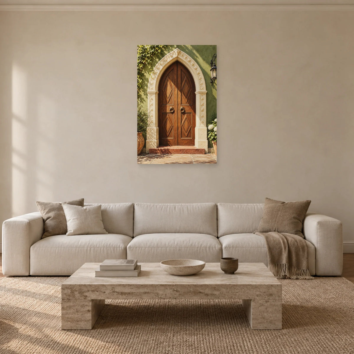 Affiche porte orientale en bois sculpté dans un salon - Art Virtuoso