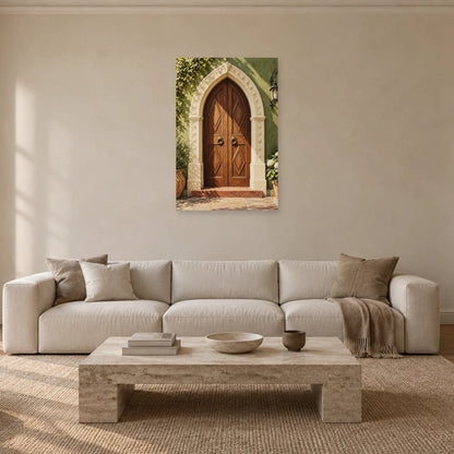 Affiche porte orientale en bois sculpté dans un salon - Art Virtuoso