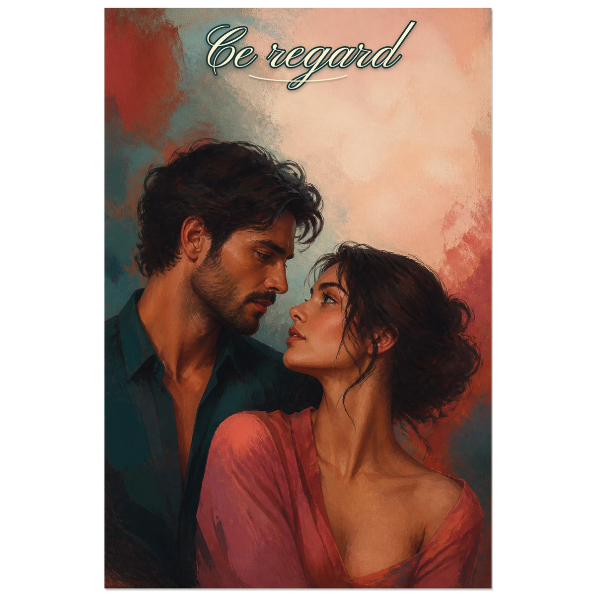Affiche Ce regard - Portrait de couple, portrait figuratif contemporain en larges aplats peints verticale, format 40 × 60 cm