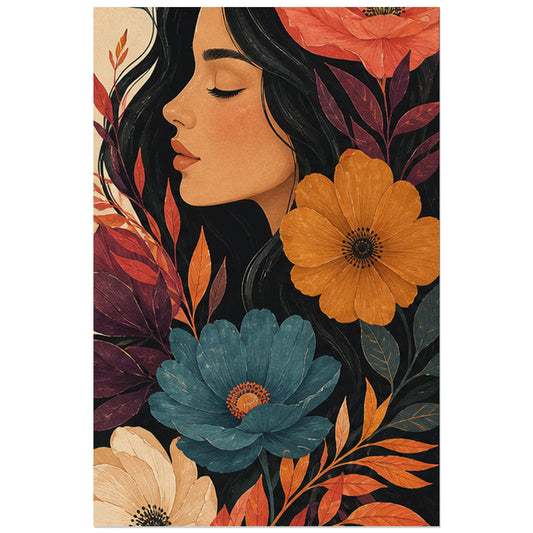 Profil féminin et fleurs ocre et bleues, affiche 30 × 45 cm