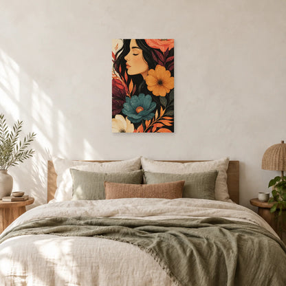Affiche Portrait de femme bohème aux fleurs dans une chambre - Art Virtuoso
