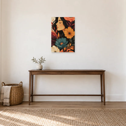 Affiche Portrait de femme bohème aux fleurs dans une entrée ou un couloir - Art Virtuoso