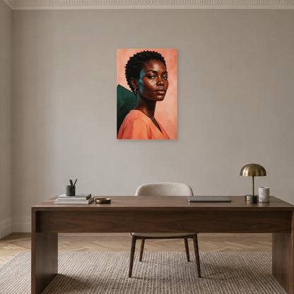 Frauenporträt mit kurzem natürlichem Haar, goldener Creole und korallfarbener Bluse vor Lachsrosa und Dunkelgrün über einem dunklen Holzschreibtisch mit cremefarbenem Polsterstuhl – Art Virtuoso