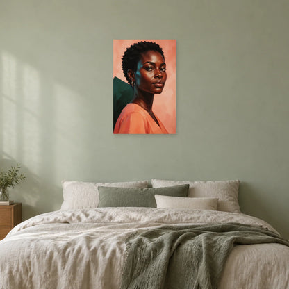 Frauenporträt mit kurzem natürlichem Haar, goldener Creole und korallfarbener Bluse vor Lachsrosa und Dunkelgrün über einem creme- und salbeifarbenen Bett vor einer salbeigrünen Wand – Art Virtuoso