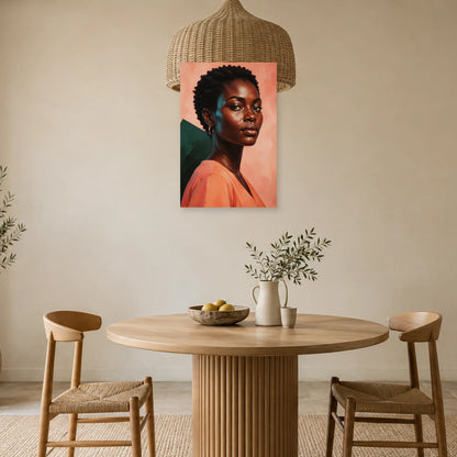 Frauenporträt mit kurzem natürlichem Haar, goldener Creole und korallfarbener Bluse vor Lachsrosa und Dunkelgrün über einem runden Holztisch mit geflochtenen Stühlen – Art Virtuoso