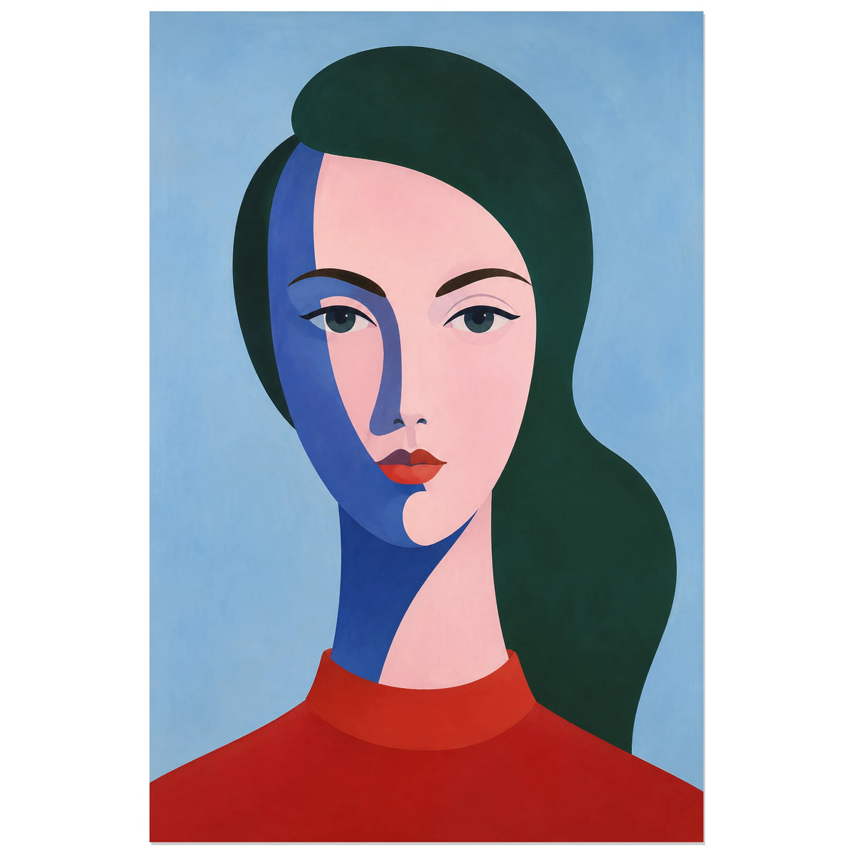 Visage rose et ombre cobalt sur fond bleu clair, affiche 30 × 45 cm