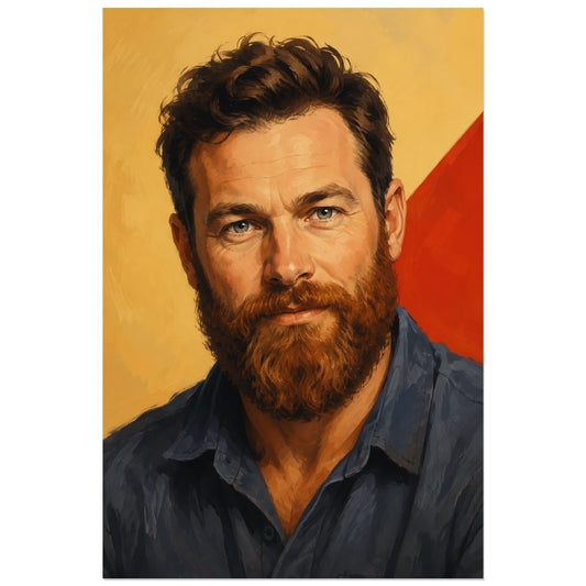 Homme barbu sur fond jaune ocre et rouge, affiche 30 × 45 cm