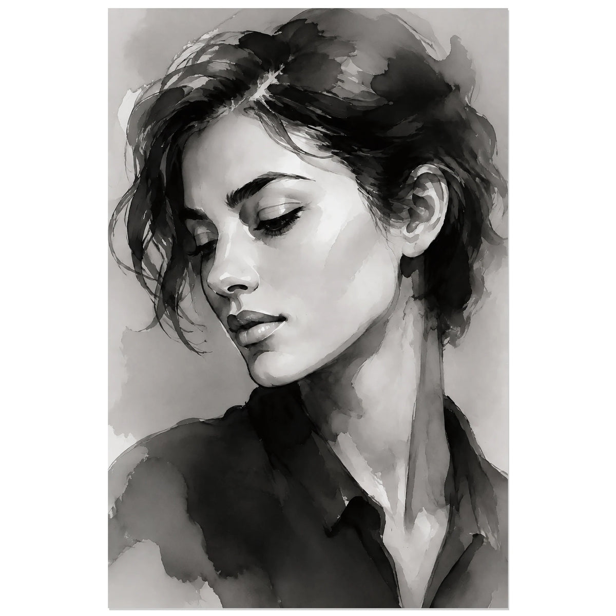 Portrait au lavis noir et gris avec col sombre, affiche 40 × 60 cm