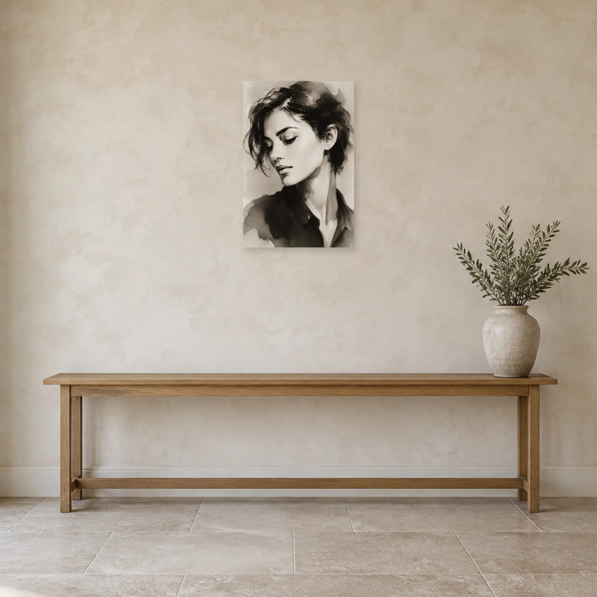 Affiche Portrait au lavis, le silence dans une entrée ou un couloir - Art Virtuoso