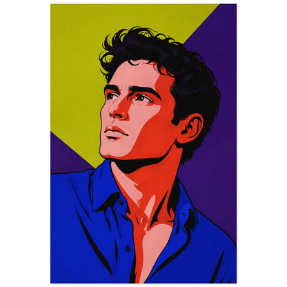 Homme au regard levé et fond jaune violet, affiche 30 × 45 cm