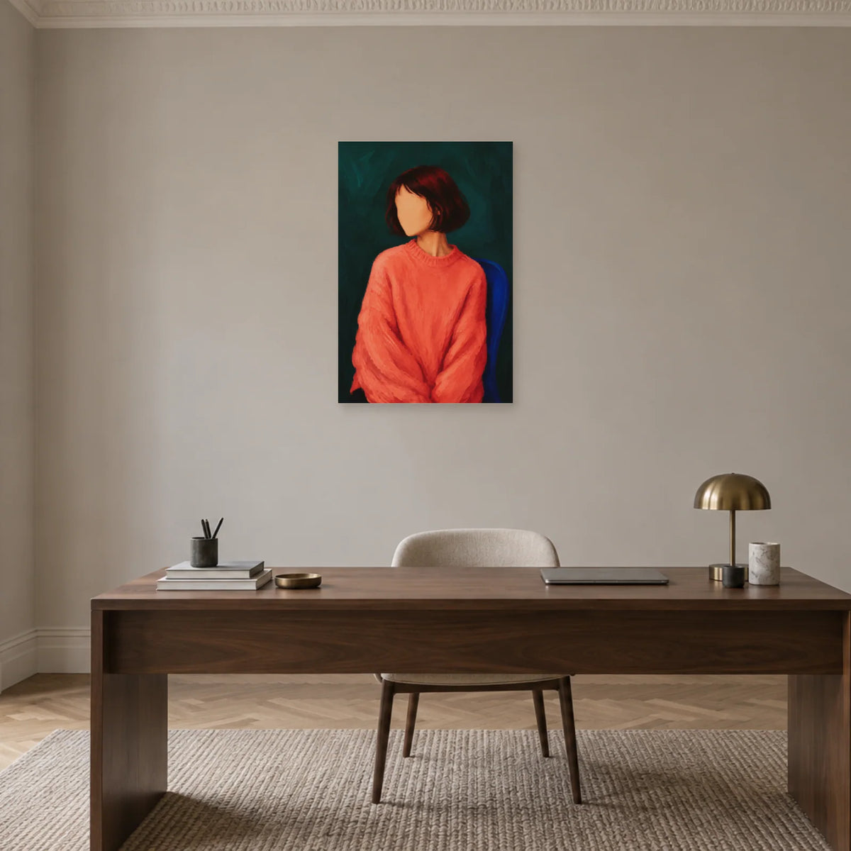 Affiche Portrait sans visage, le pull corail dans un bureau - Art Virtuoso