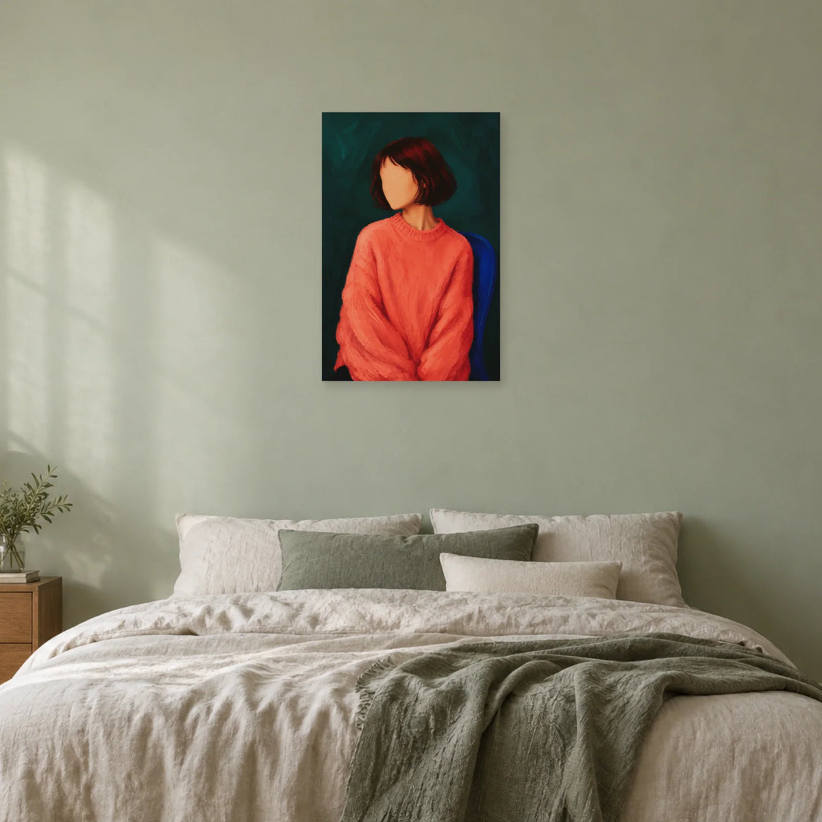 Affiche Portrait sans visage, le pull corail dans une chambre - Art Virtuoso