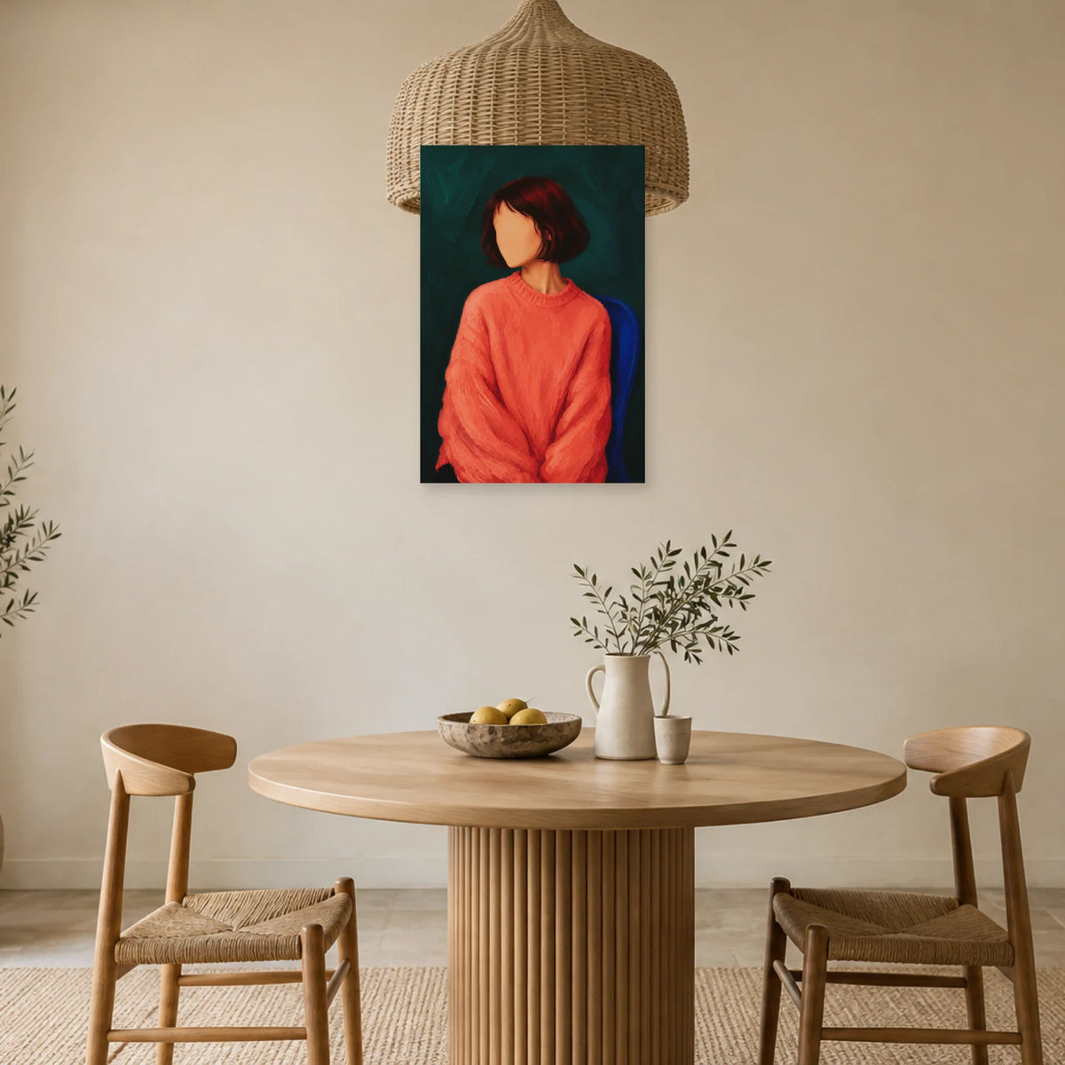 Affiche Portrait sans visage, le pull corail dans une salle à manger - Art Virtuoso