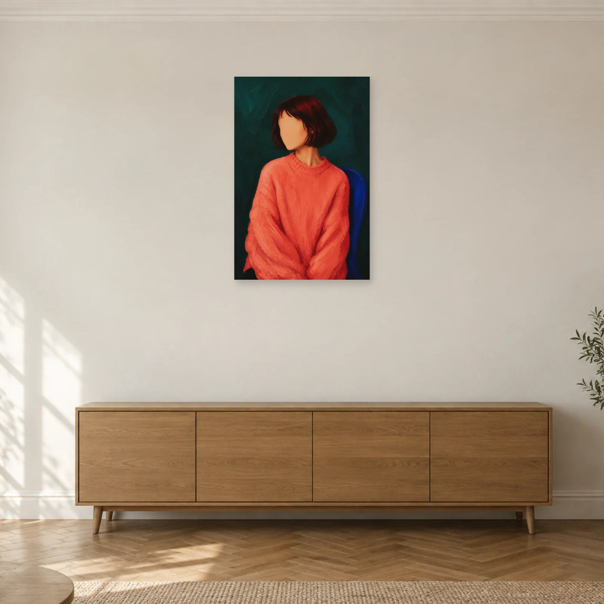 Affiche Portrait sans visage, le pull corail dans un salon - Art Virtuoso