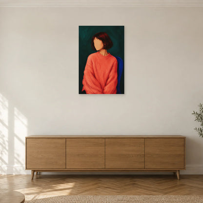 Affiche Portrait sans visage, le pull corail dans un salon - Art Virtuoso