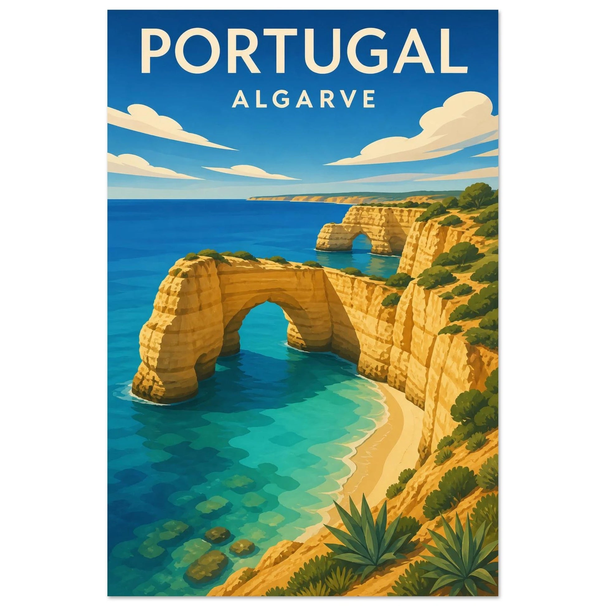 Affiche Portugal – Algarve, gouache de voyage saturée aux formes rocheuses simplifiées et à la lumière néo-rétro verticale, format 30 × 45 cm