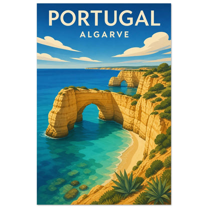 Affiche Portugal – Algarve, gouache de voyage saturée aux formes rocheuses simplifiées et à la lumière néo-rétro verticale, format 40 × 60 cm