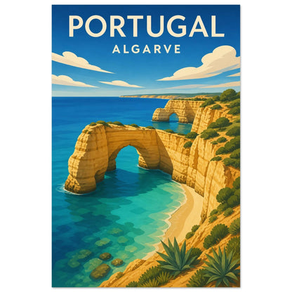 Affiche Portugal – Algarve, gouache de voyage saturée aux formes rocheuses simplifiées et à la lumière néo-rétro verticale, format 60 × 90 cm