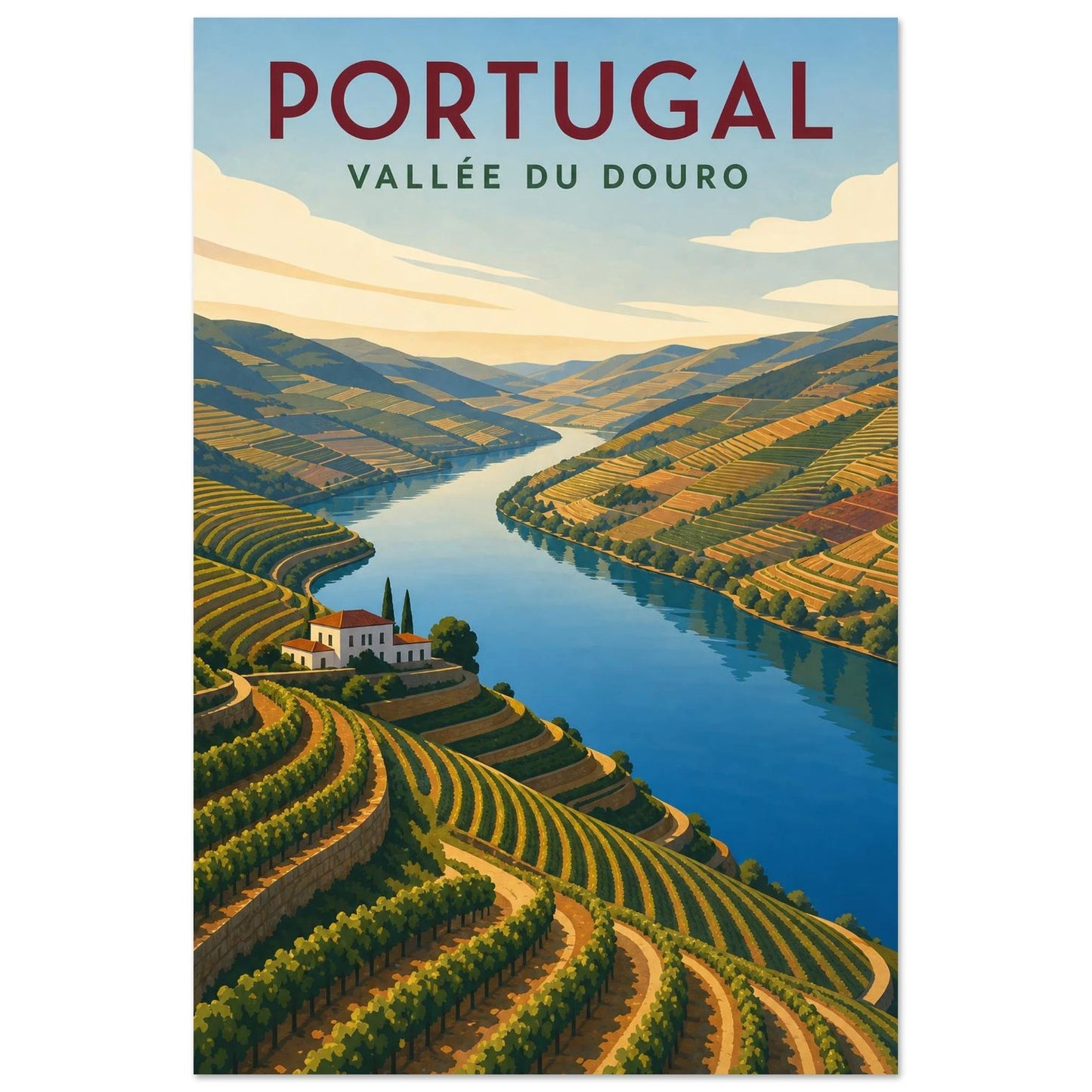 Affiche Portugal – Vallée du Douro, gouache géométrique de voyage, simplifiée dans un esprit moderniste verticale, format 30 × 45 cm