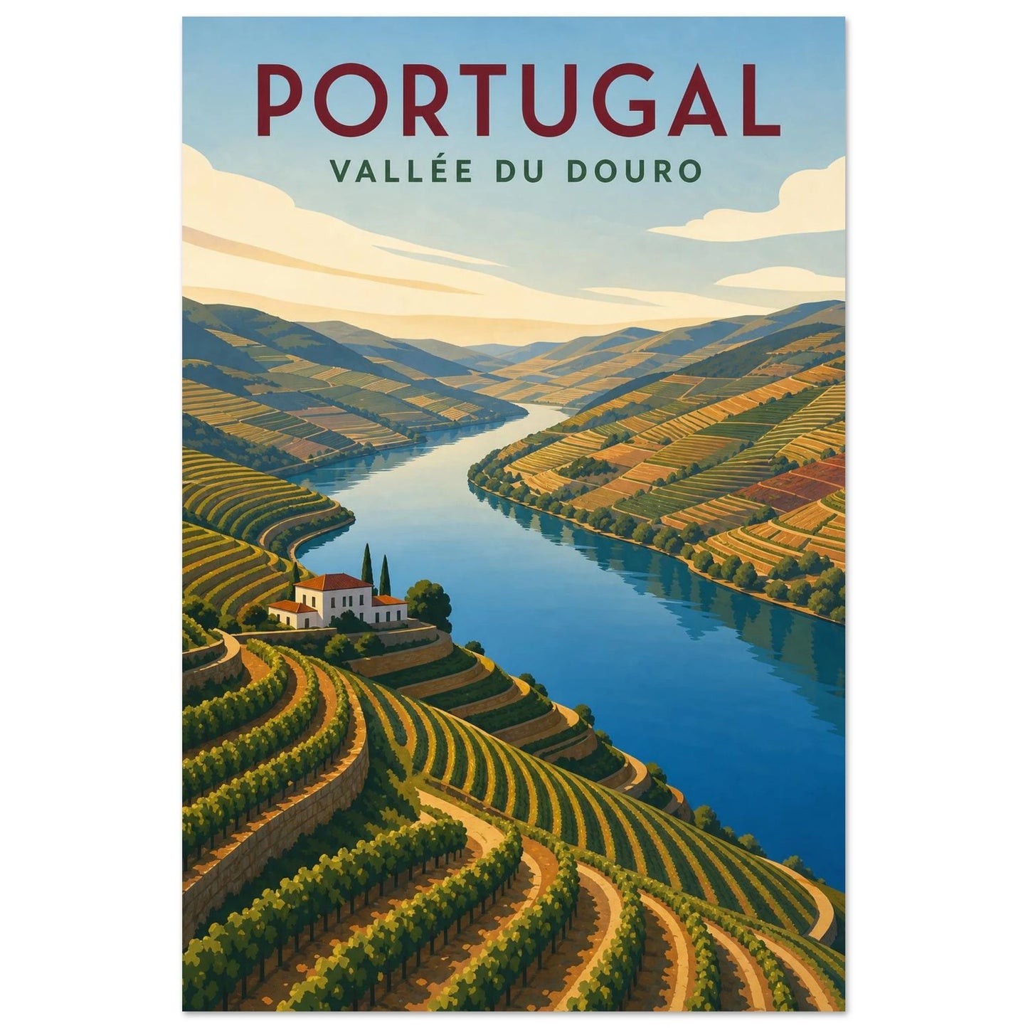 Affiche Portugal – Vallée du Douro, gouache géométrique de voyage, simplifiée dans un esprit moderniste verticale, format 60 × 90 cm