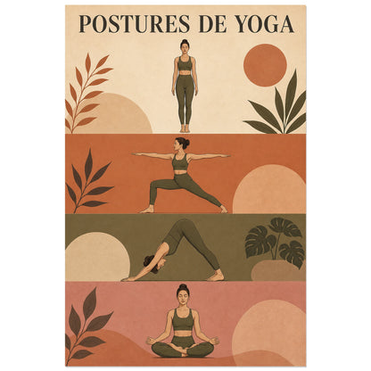 Quatre figures de yoga dans des bandes colorées, affiche 30 × 45 cm