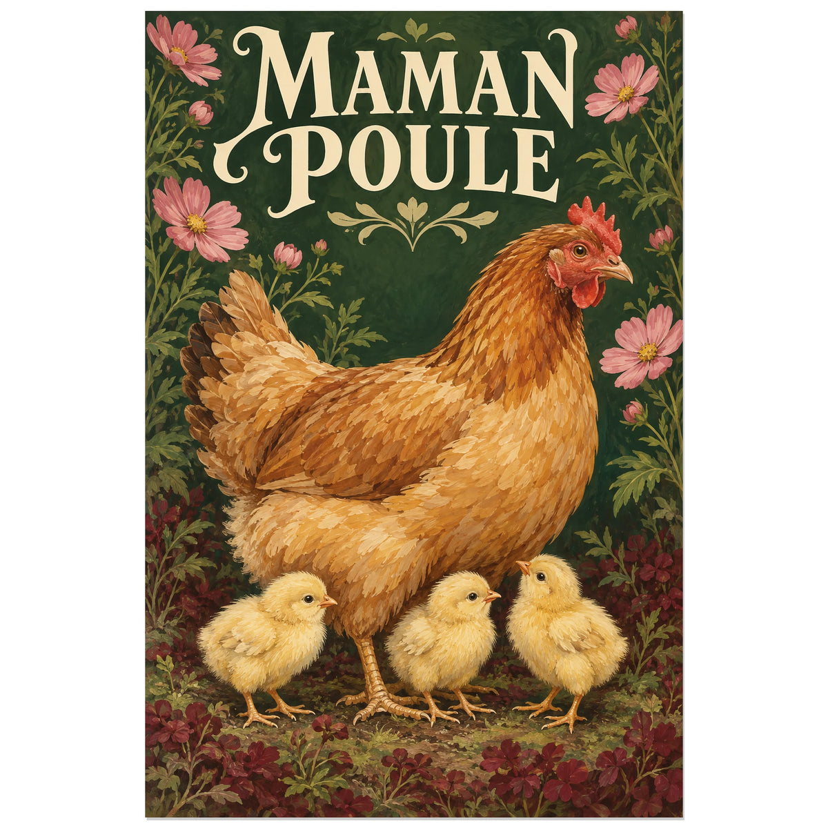 Affiche Poule et poussins – Maman poule, gouache figurative / affiche romantique verticale, format 40 × 60 cm