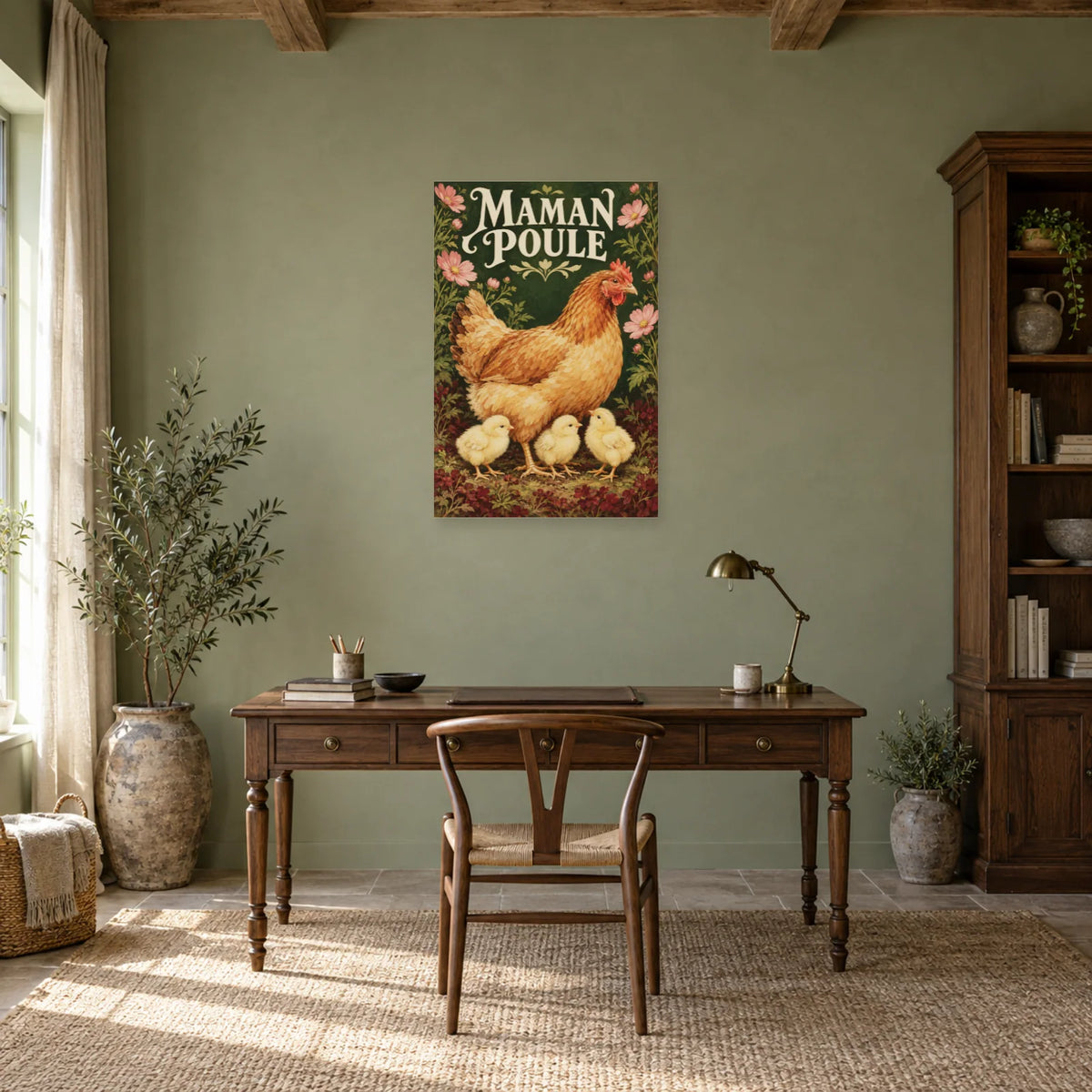 Affiche Poule et poussins - Maman poule dans un bureau - Art Virtuoso