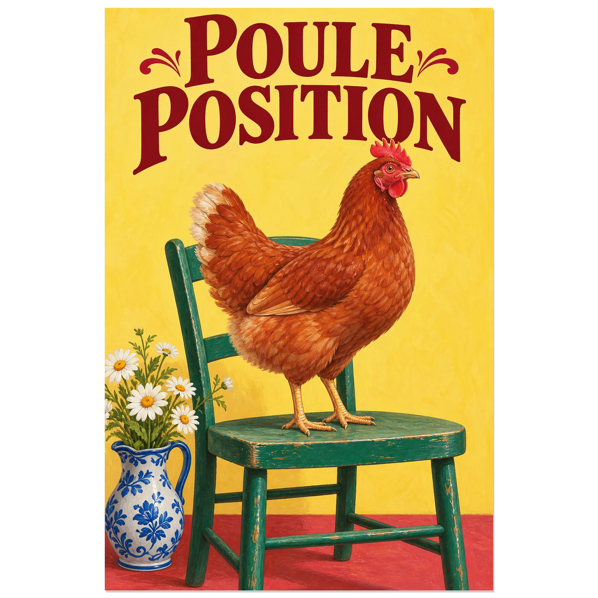 Affiche Poule rousse – Poule position, affiche vintage / peinture figurative / humour verticale, format 60 × 90 cm