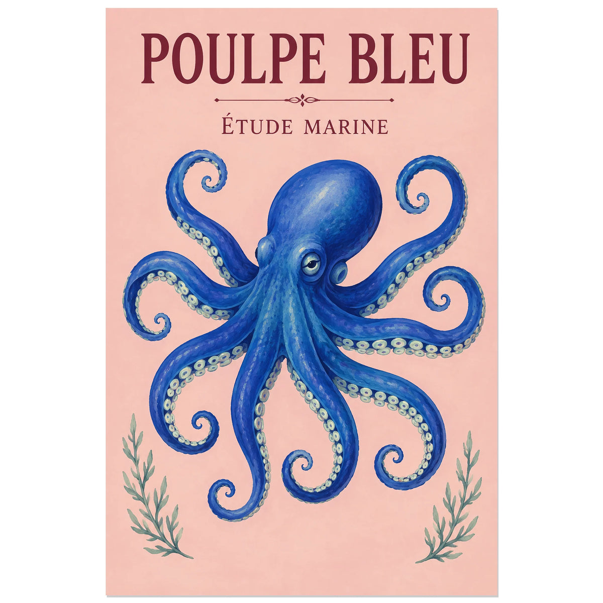 Affiche Poulpe bleu – Étude marine, gouache naturaliste / planche décorative vintage verticale, format 60 × 90 cm