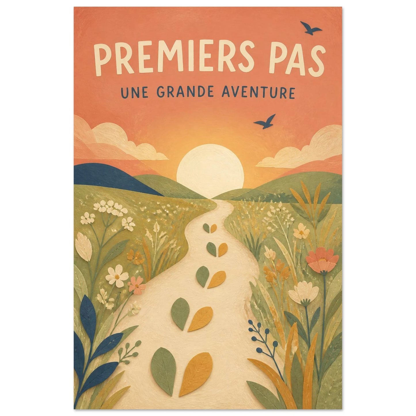 Affiche Premiers Pas – Une Grande Aventure, papier découpé et gouache verticale, format 30 × 45 cm