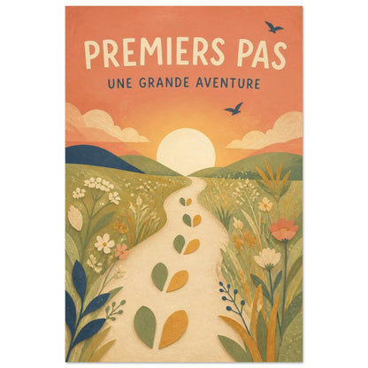 Affiche Premiers Pas – Une Grande Aventure, papier découpé et gouache verticale, format 60 × 90 cm