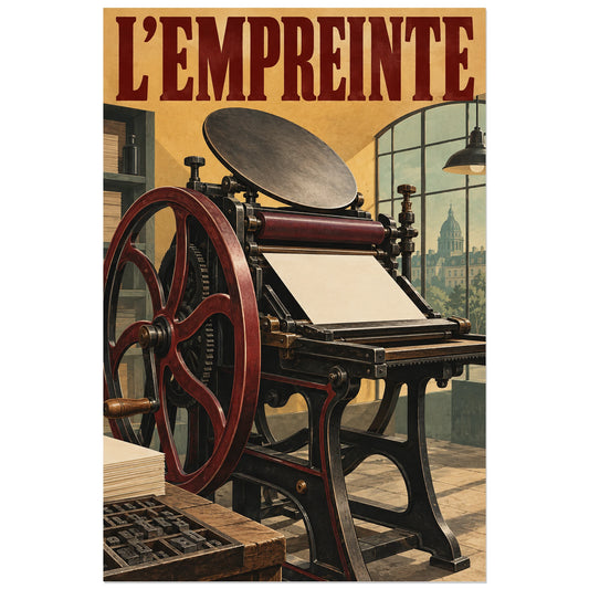 Presse d'imprimerie au grand volant rouge, affiche 30 × 45 cm