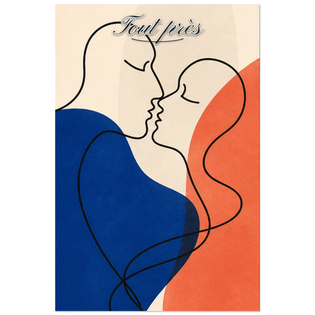 Affiche Tout près - Profils de couple minimalistes, dessin au trait minimaliste enrichi d’aplats modernistes verticale, format 30 × 45 cm