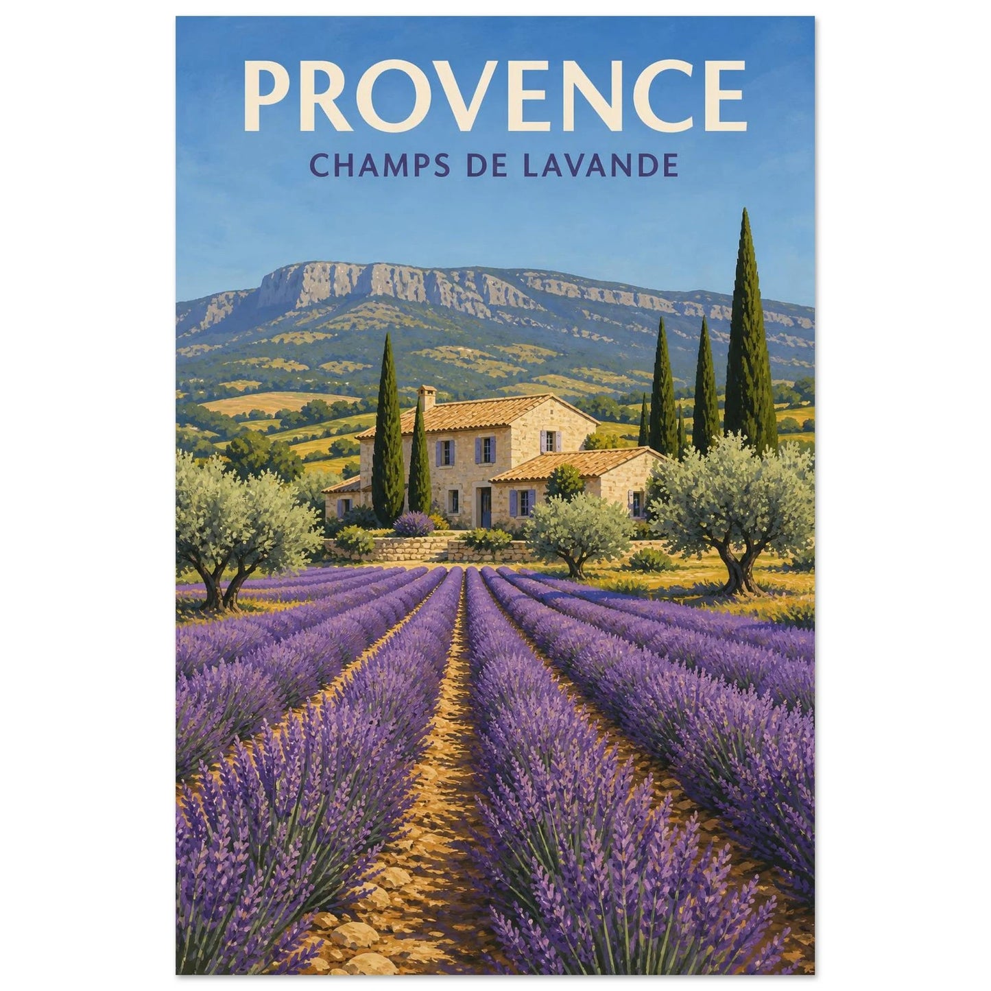 Affiche Provence – Champs de Lavande, sérigraphie illustrée verticale, format 30 × 45 cm